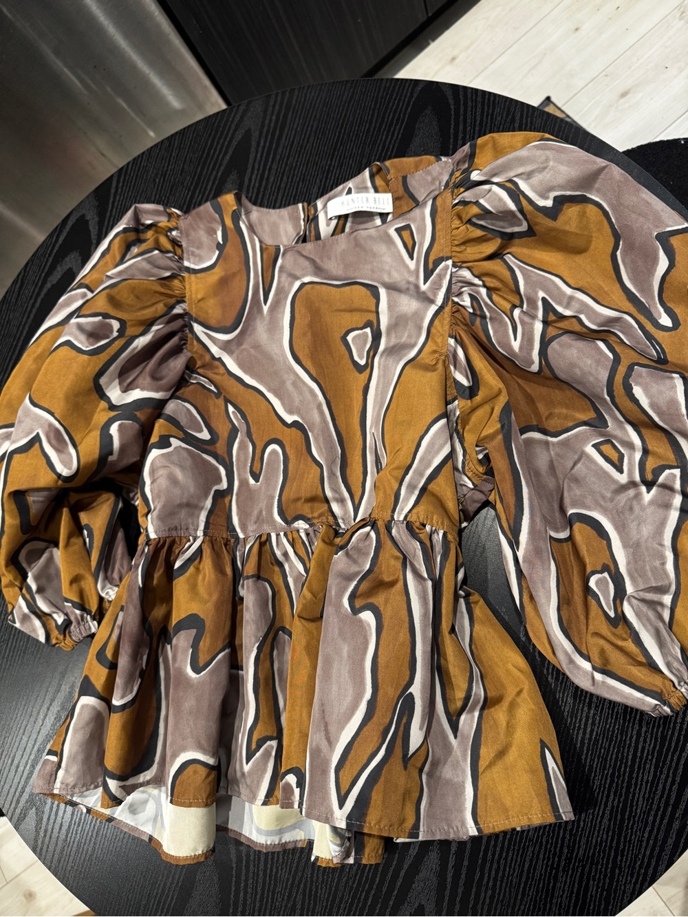Staud Amber Abstract Print Puff-Sleeve Peplum Top